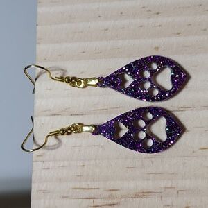 Dog Paw Heart Earrings Purple Glitter Gold Earwires